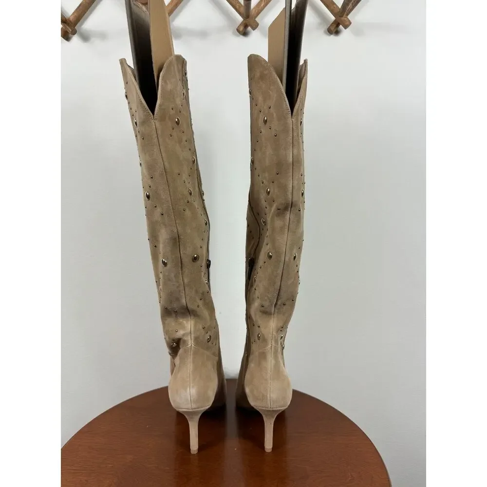 New Vince Camuto Fimulie Studded High Knee Boots Tortilla Suede Women's Size 9